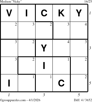 The grouppuzzles.com Medium Vicky puzzle for Wednesday April 1, 2026 with all 4 steps marked