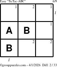 The grouppuzzles.com Easy TicTac-ABC puzzle for Wednesday April 1, 2026, suitable for printing, with all 2 steps marked