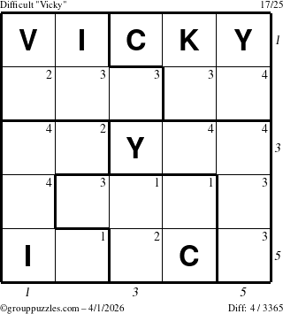 The grouppuzzles.com Difficult Vicky puzzle for Wednesday April 1, 2026, suitable for printing, with all 4 steps marked