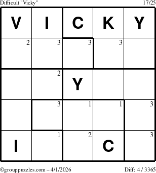 The grouppuzzles.com Difficult Vicky puzzle for Wednesday April 1, 2026 with the first 3 steps marked