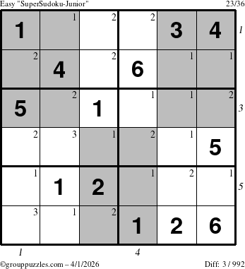 The grouppuzzles.com Easy SuperSudoku-Junior puzzle for Wednesday April 1, 2026 with all 3 steps marked