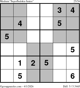 The grouppuzzles.com Medium SuperSudoku-Junior puzzle for Wednesday April 1, 2026