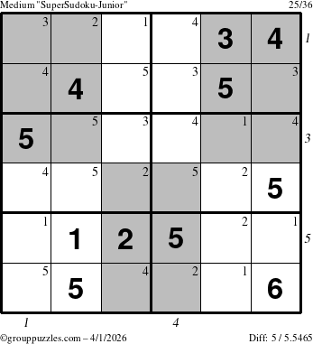 The grouppuzzles.com Medium SuperSudoku-Junior puzzle for Wednesday April 1, 2026, suitable for printing, with all 5 steps marked