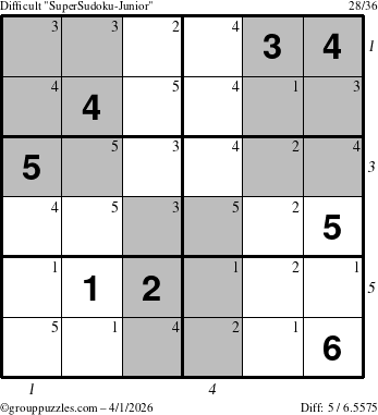 The grouppuzzles.com Difficult SuperSudoku-Junior puzzle for Wednesday April 1, 2026 with all 5 steps marked