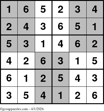 The grouppuzzles.com Answer grid for the SuperSudoku-Junior puzzle for Wednesday April 1, 2026