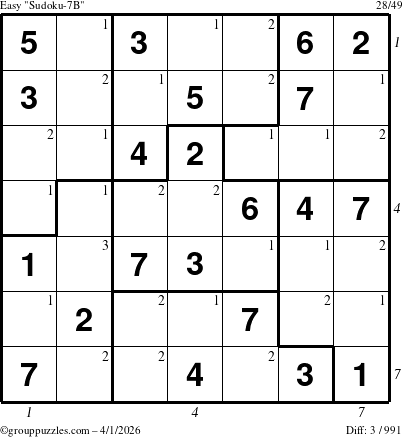 The grouppuzzles.com Easy Sudoku-7B puzzle for Wednesday April 1, 2026, suitable for printing, with all 3 steps marked