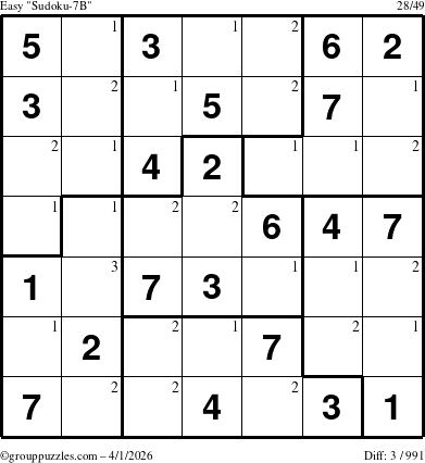 The grouppuzzles.com Easy Sudoku-7B puzzle for Wednesday April 1, 2026 with the first 3 steps marked