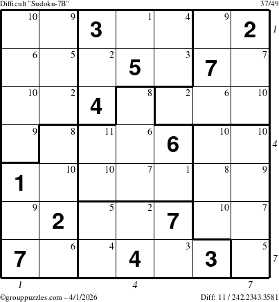 The grouppuzzles.com Difficult Sudoku-7B puzzle for Wednesday April 1, 2026 with all 11 steps marked