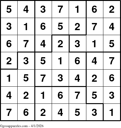 The grouppuzzles.com Answer grid for the Sudoku-7B puzzle for Wednesday April 1, 2026