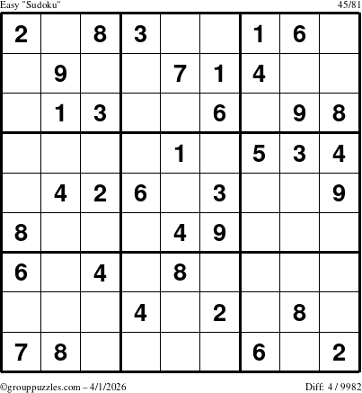 The grouppuzzles.com Easy Sudoku puzzle for Wednesday April 1, 2026