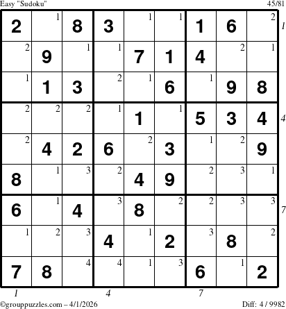 The grouppuzzles.com Easy Sudoku puzzle for Wednesday April 1, 2026, suitable for printing, with all 4 steps marked