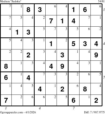The grouppuzzles.com Medium Sudoku puzzle for Wednesday April 1, 2026, suitable for printing, with all 7 steps marked