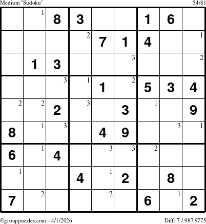 The grouppuzzles.com Medium Sudoku puzzle for Wednesday April 1, 2026 with the first 3 steps marked