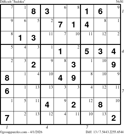The grouppuzzles.com Difficult Sudoku puzzle for Wednesday April 1, 2026 with all 13 steps marked