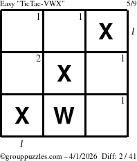 The grouppuzzles.com Easy TicTac-VWX puzzle for Wednesday April 1, 2026 with all 2 steps marked