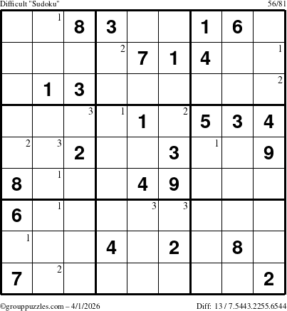 The grouppuzzles.com Difficult Sudoku puzzle for Wednesday April 1, 2026 with the first 3 steps marked