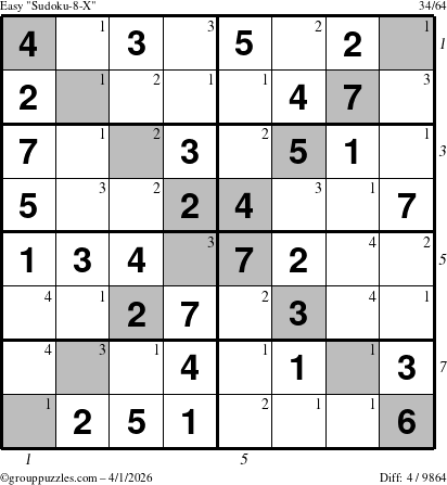 The grouppuzzles.com Easy Sudoku-8-X puzzle for Wednesday April 1, 2026 with all 4 steps marked