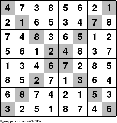 The grouppuzzles.com Answer grid for the Sudoku-8-X puzzle for Wednesday April 1, 2026