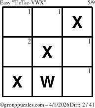 The grouppuzzles.com Easy TicTac-VWX puzzle for Wednesday April 1, 2026 with the first 2 steps marked