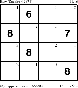 The grouppuzzles.com Easy Sudoku-4-5678 puzzle for Monday March 9, 2026 with the first 3 steps marked