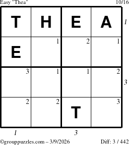 The grouppuzzles.com Easy Thea puzzle for Monday March 9, 2026 with all 3 steps marked