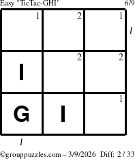 The grouppuzzles.com Easy TicTac-GHI puzzle for Monday March 9, 2026 with all 2 steps marked
