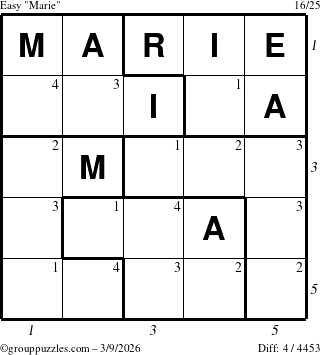 The grouppuzzles.com Easy Marie puzzle for Monday March 9, 2026, suitable for printing, with all 4 steps marked