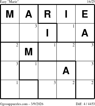 The grouppuzzles.com Easy Marie puzzle for Monday March 9, 2026 with the first 3 steps marked