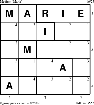 The grouppuzzles.com Medium Marie puzzle for Monday March 9, 2026, suitable for printing, with all 4 steps marked