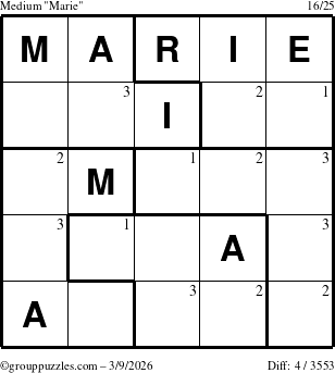 The grouppuzzles.com Medium Marie puzzle for Monday March 9, 2026 with the first 3 steps marked
