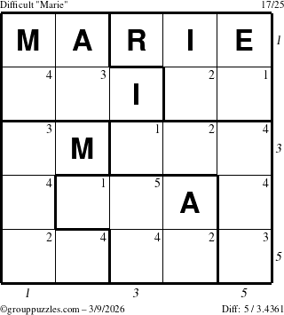 The grouppuzzles.com Difficult Marie puzzle for Monday March 9, 2026 with all 5 steps marked