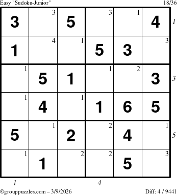 The grouppuzzles.com Easy Sudoku-Junior puzzle for Monday March 9, 2026, suitable for printing, with all 4 steps marked