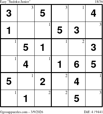 The grouppuzzles.com Easy Sudoku-Junior puzzle for Monday March 9, 2026 with the first 3 steps marked