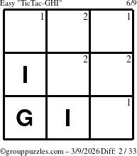 The grouppuzzles.com Easy TicTac-GHI puzzle for Monday March 9, 2026 with the first 2 steps marked