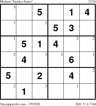 The grouppuzzles.com Medium Sudoku-Junior puzzle for Monday March 9, 2026 with the first 3 steps marked