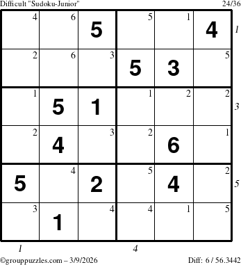 The grouppuzzles.com Difficult Sudoku-Junior puzzle for Monday March 9, 2026, suitable for printing, with all 6 steps marked