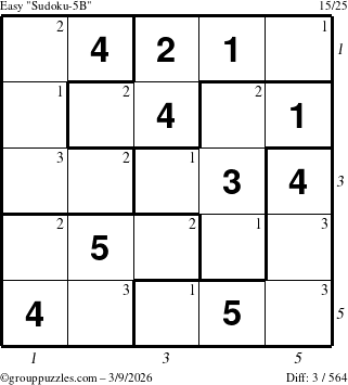 The grouppuzzles.com Easy Sudoku-5B puzzle for Monday March 9, 2026, suitable for printing, with all 3 steps marked