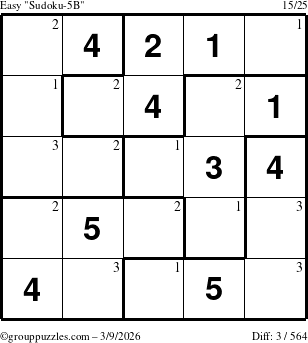 The grouppuzzles.com Easy Sudoku-5B puzzle for Monday March 9, 2026 with the first 3 steps marked