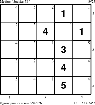 The grouppuzzles.com Medium Sudoku-5B puzzle for Monday March 9, 2026, suitable for printing, with all 5 steps marked