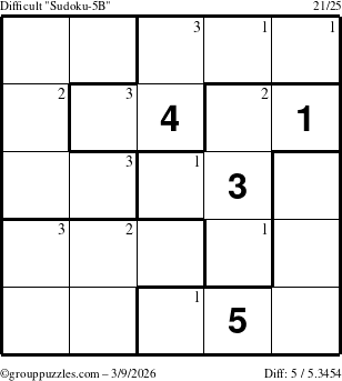 The grouppuzzles.com Difficult Sudoku-5B puzzle for Monday March 9, 2026 with the first 3 steps marked