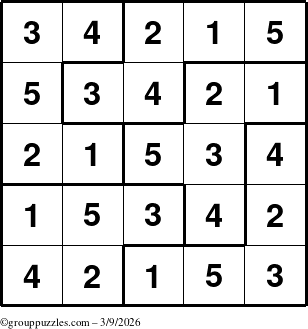 The grouppuzzles.com Answer grid for the Sudoku-5B puzzle for Monday March 9, 2026