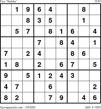 The grouppuzzles.com Easy Sudoku puzzle for Monday March 9, 2026