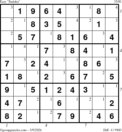 The grouppuzzles.com Easy Sudoku puzzle for Monday March 9, 2026 with all 4 steps marked