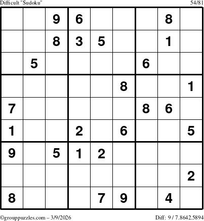 The grouppuzzles.com Difficult Sudoku puzzle for Monday March 9, 2026
