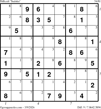 The grouppuzzles.com Difficult Sudoku puzzle for Monday March 9, 2026, suitable for printing, with all 9 steps marked