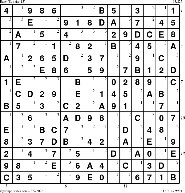 The grouppuzzles.com Easy Sudoku-15 puzzle for Monday March 9, 2026, suitable for printing, with all 4 steps marked