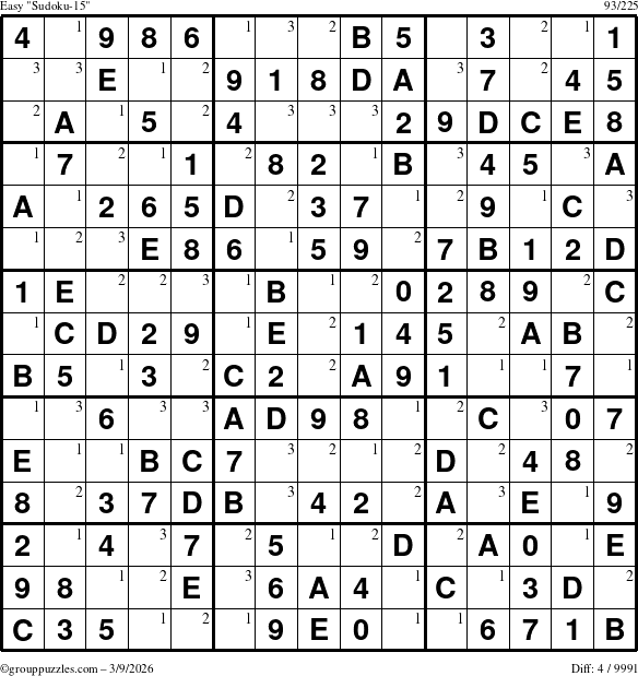 The grouppuzzles.com Easy Sudoku-15 puzzle for Monday March 9, 2026 with the first 3 steps marked