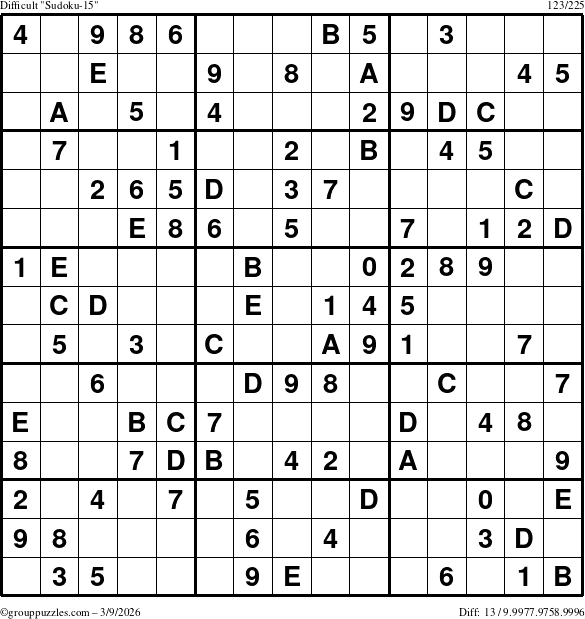 The grouppuzzles.com Difficult Sudoku-15 puzzle for Monday March 9, 2026