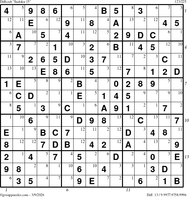 The grouppuzzles.com Difficult Sudoku-15 puzzle for Monday March 9, 2026 with all 13 steps marked