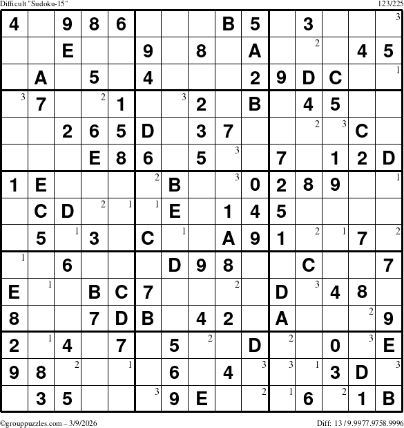 The grouppuzzles.com Difficult Sudoku-15 puzzle for Monday March 9, 2026 with the first 3 steps marked
